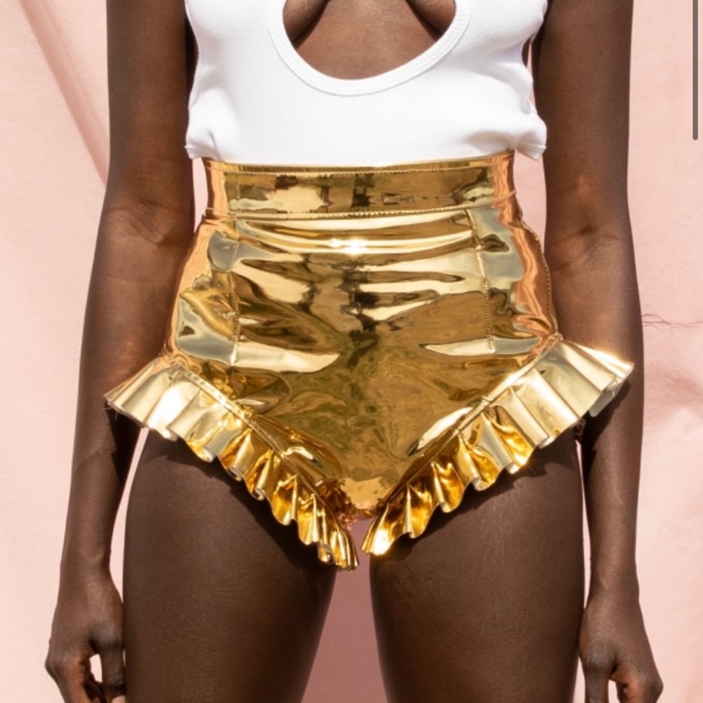 Char Workroom High Waist+Cut Metallic Shorts. Size XS but fits as S.